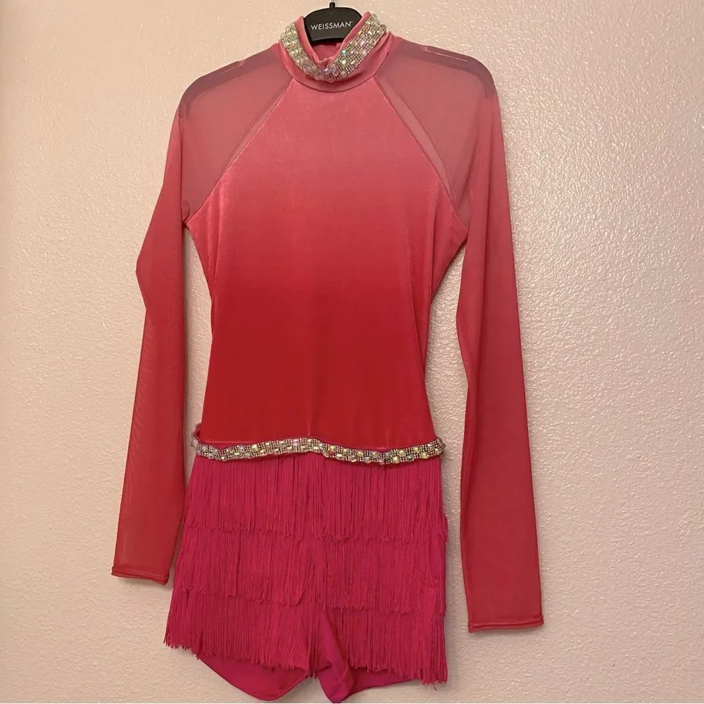 WEISSMAN Dance Costume hot pink fringe velvet mesh sleeve All The Ways 13290 SA